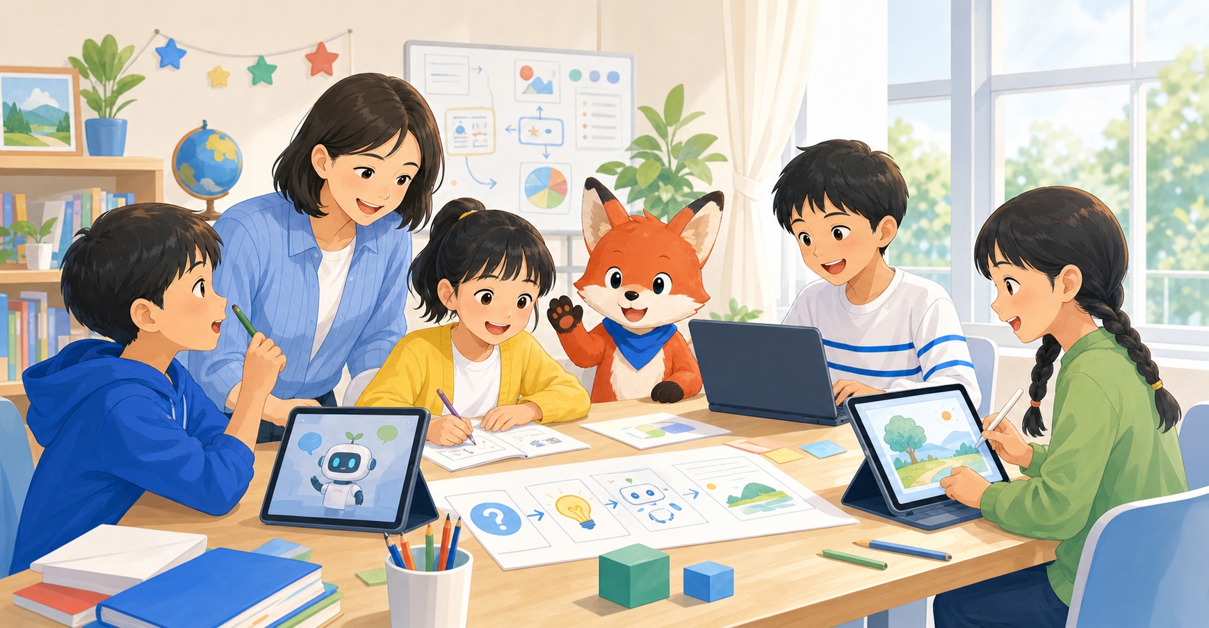 先生と子どもたちが対面でAIを使った作品づくりに取り組む教室イメージ
