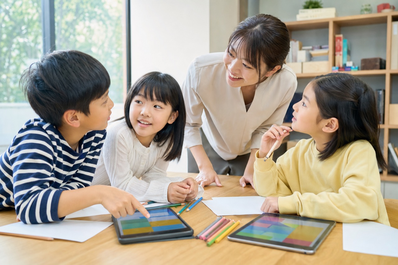 子ども同士がタブレットを囲み、先生と話し合う対面学習のイメージ