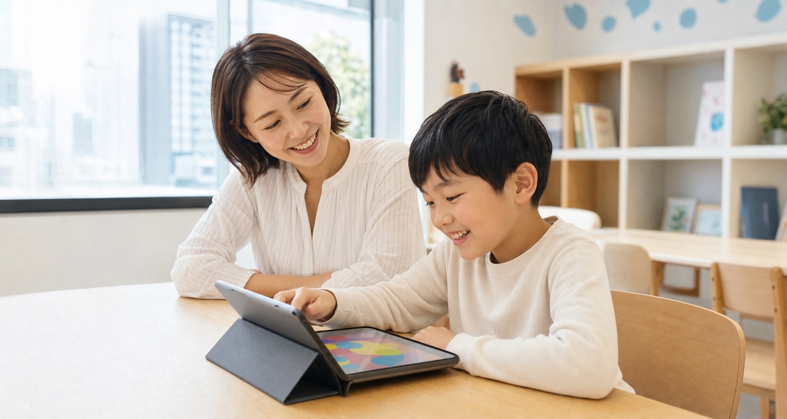 タブレットでAI学習を楽しむ子どもを笑顔で見守る保護者のイメージ