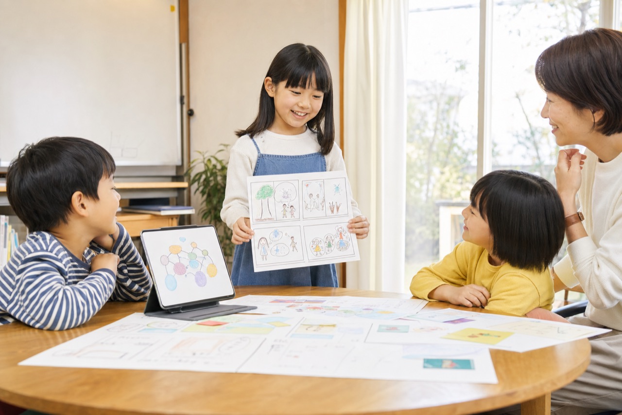 自分で考えた作品を先生や仲間へ説明する子どもの学習イメージ
