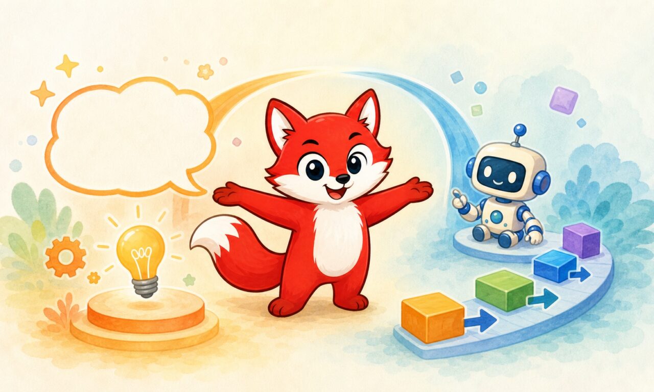 赤い狐のキャラクターがAI学習とプログラミング学習をつなぐイラスト