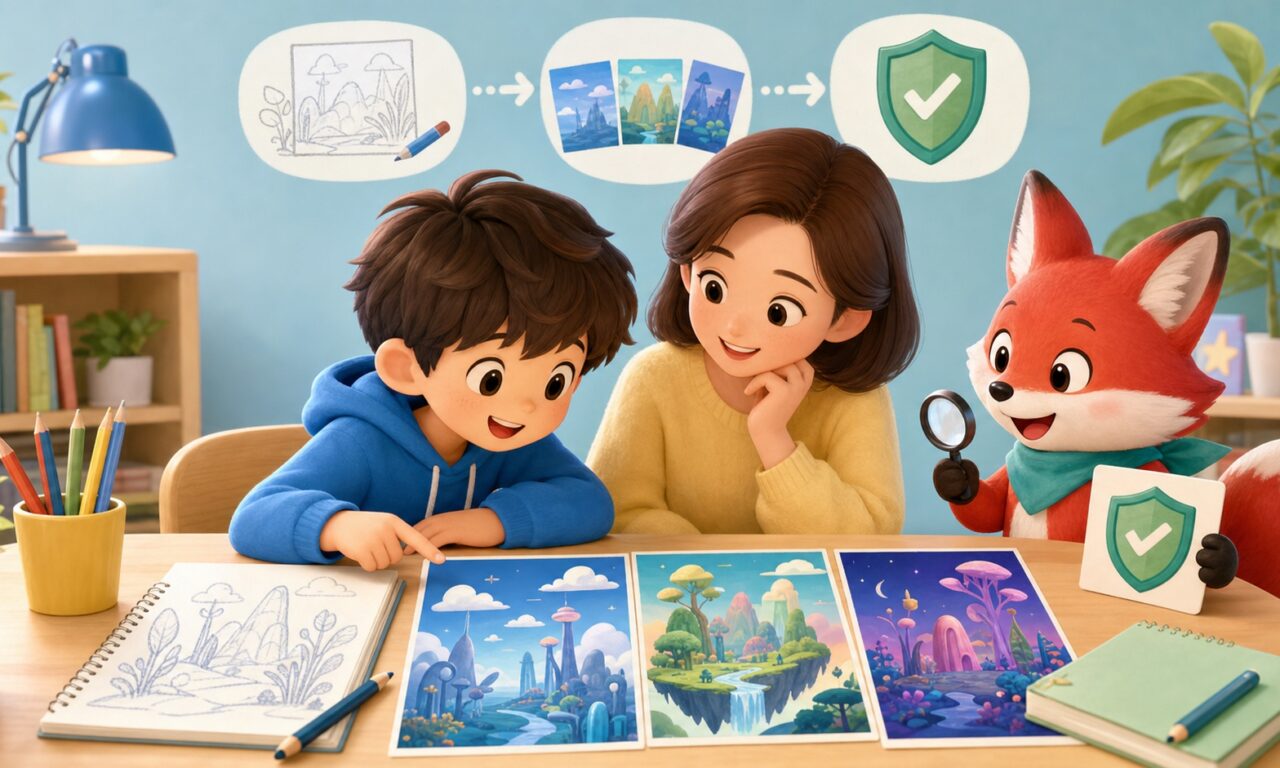 保護者と小学生が赤い狐と一緒にAIイラストの元絵と生成候補を公開前に確認するイラスト