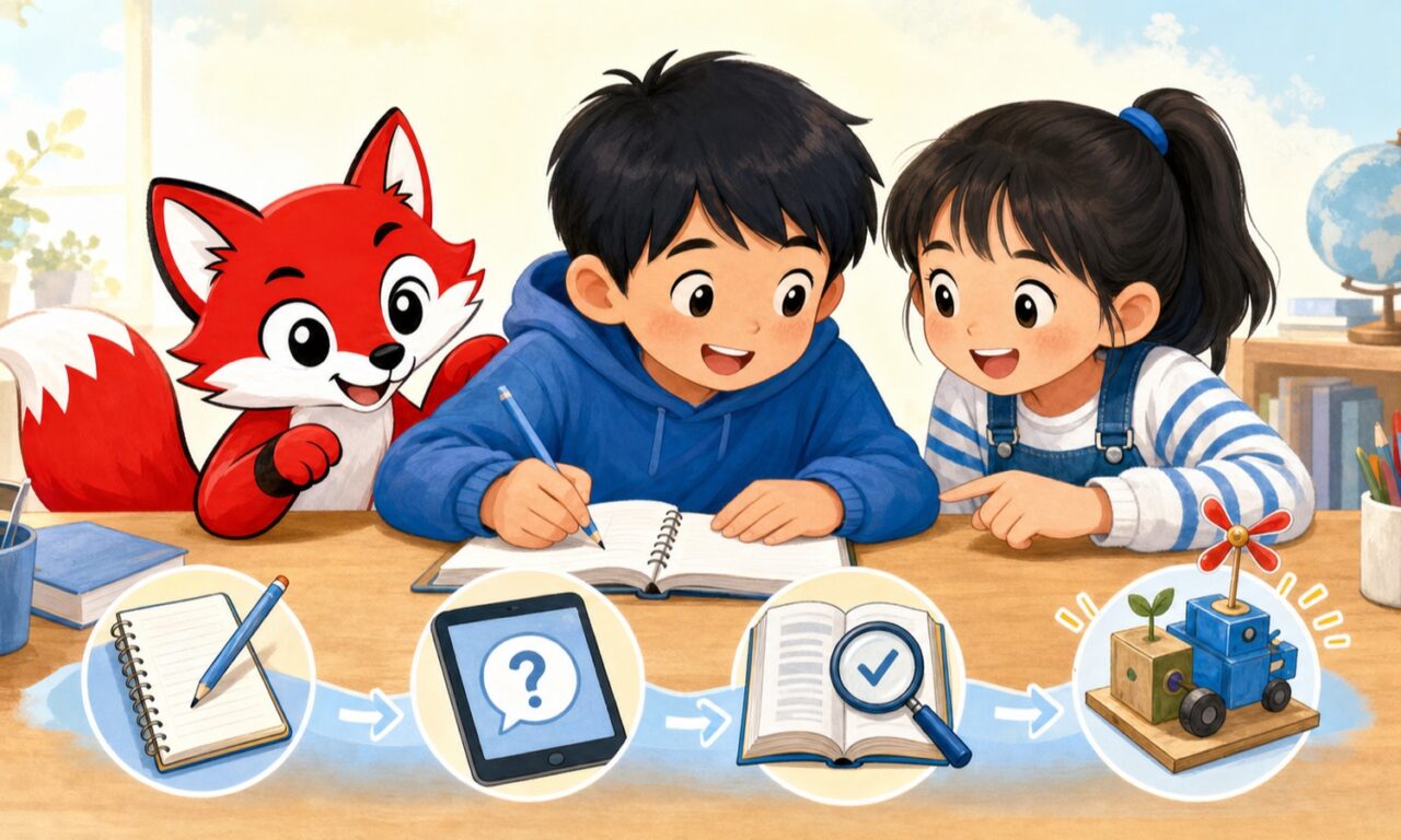 赤い狐のキャラクターと小学生が予想、質問、確認、作品づくりの順にAI学習するイラスト