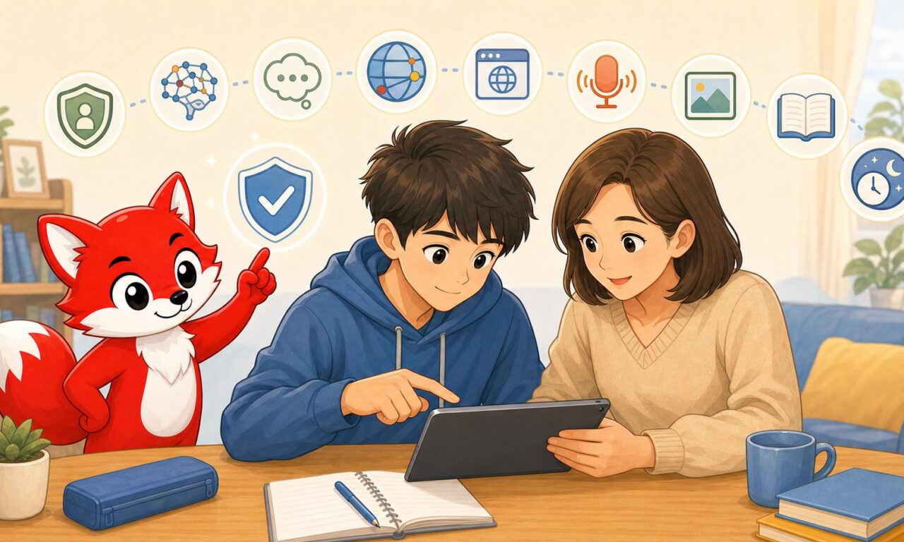 赤い狐のキャラクターと保護者、10代の子どもが生成AIの安全設定を一緒に確認するイラスト