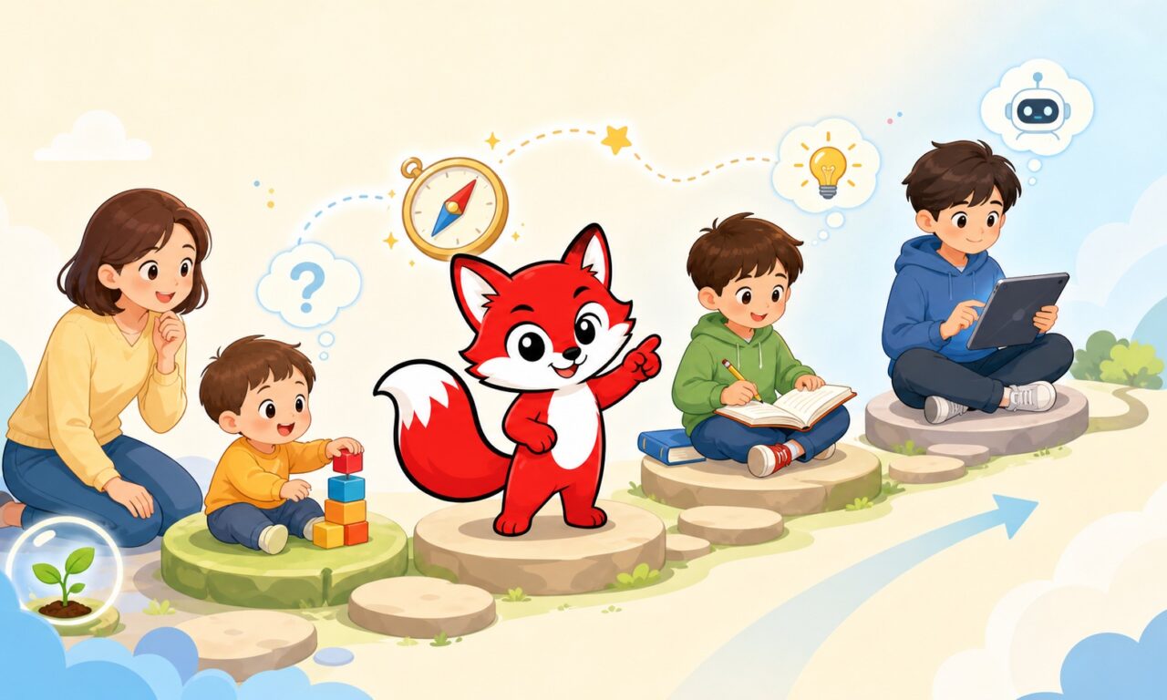赤い狐のキャラクターが幼児から高校生までの段階的なAI学習を案内するイラスト