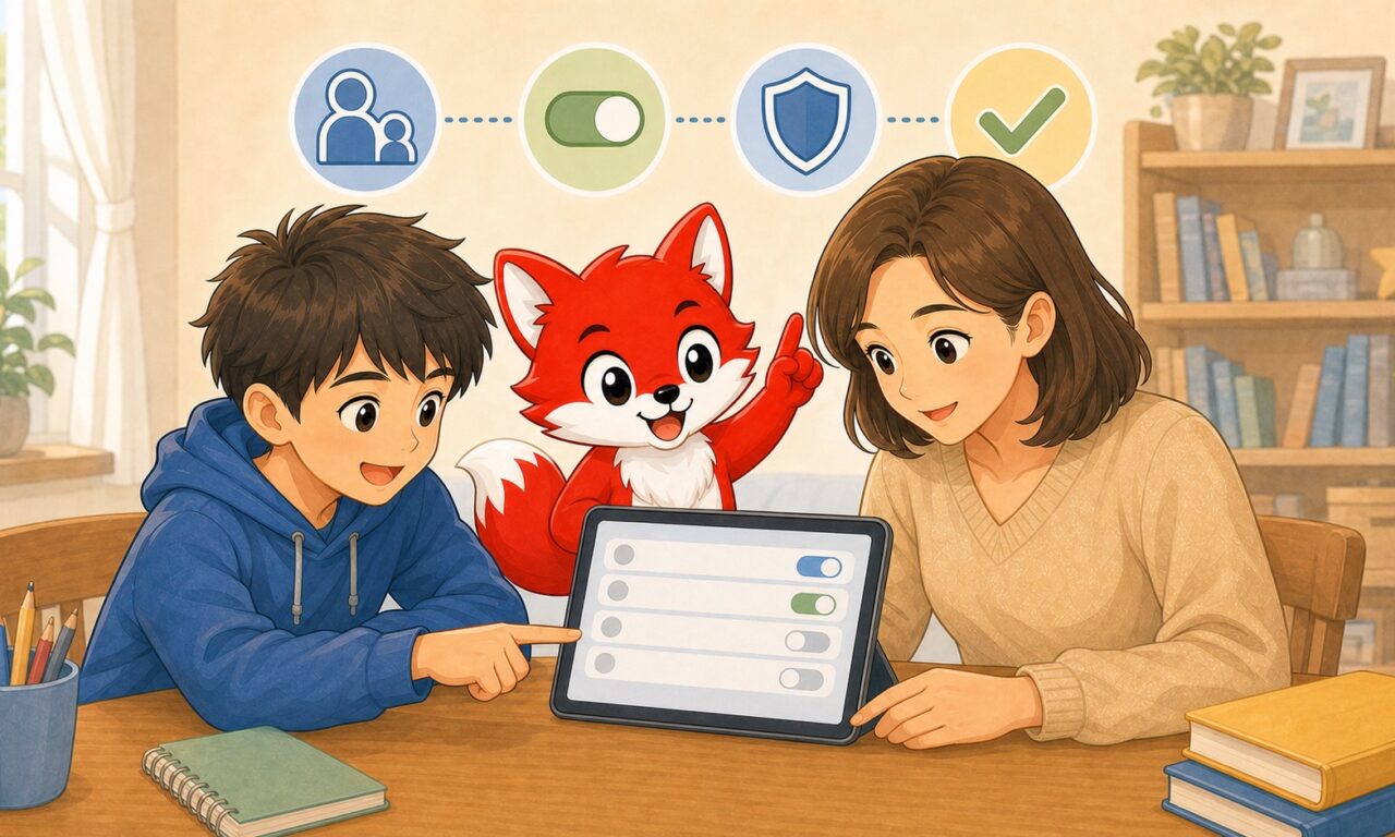 保護者と小学生が赤い狐と一緒にタブレットの安全設定を確認するイラスト