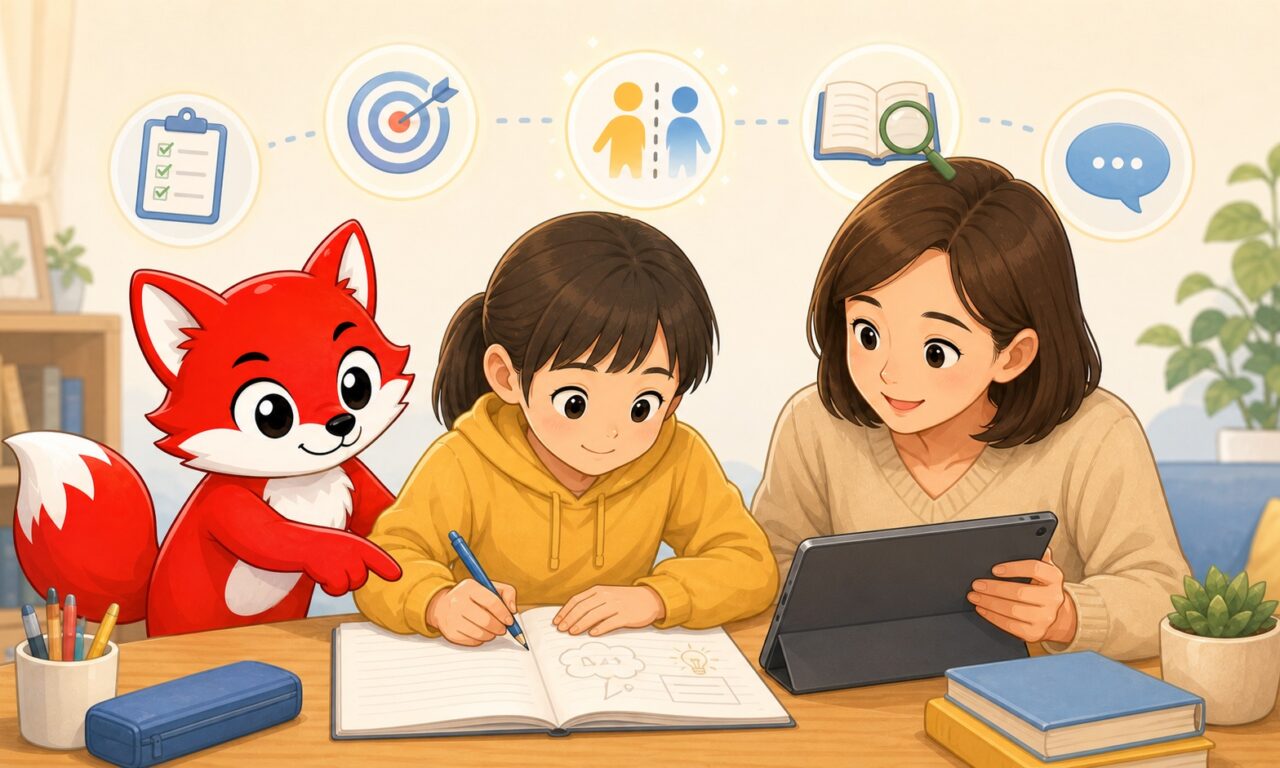 赤い狐のキャラクターと保護者が、自分で考えて宿題を書く小学生のAI利用を見守るイラスト