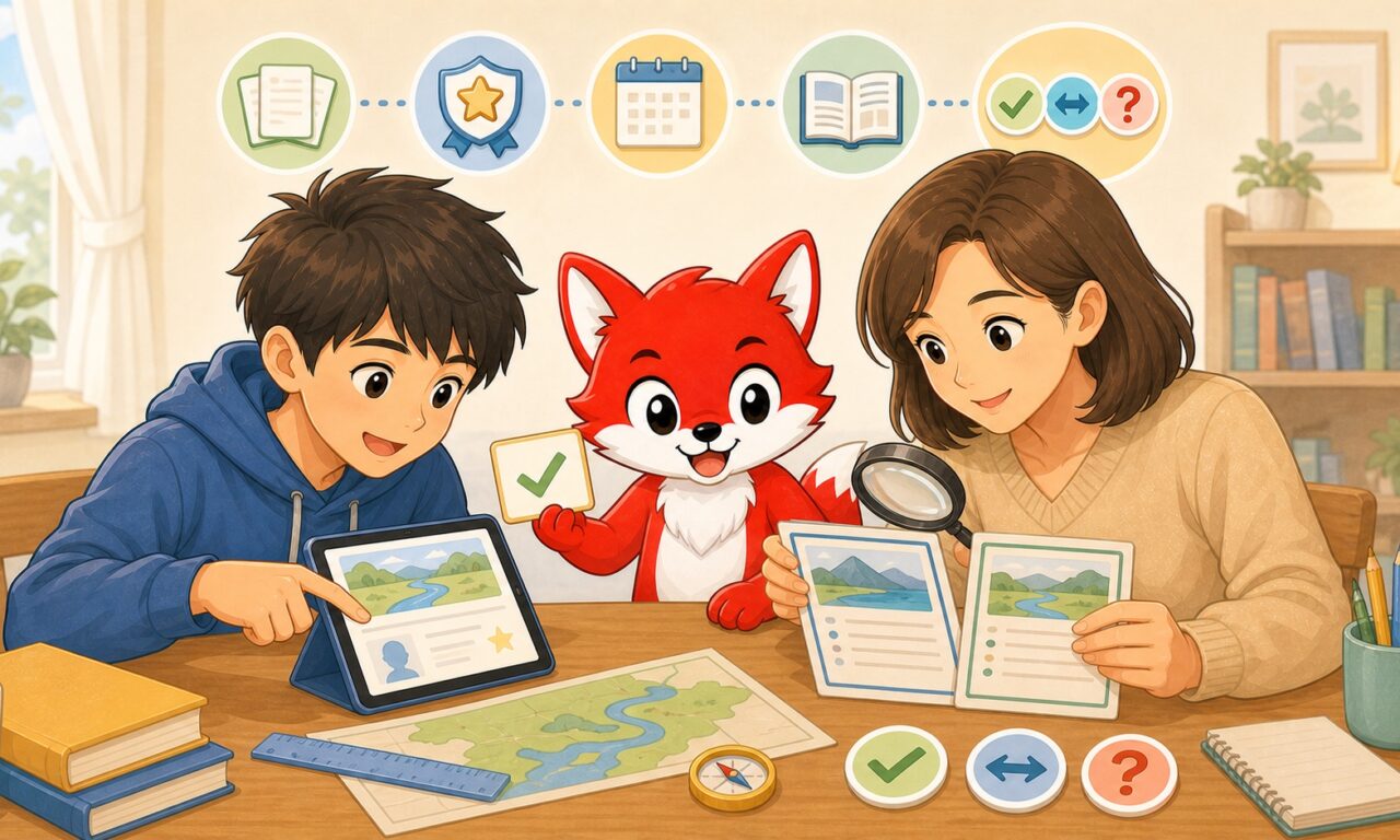 赤い狐のキャラクターと保護者、小学生が生成AIの回答を複数の資料で確かめるイラスト
