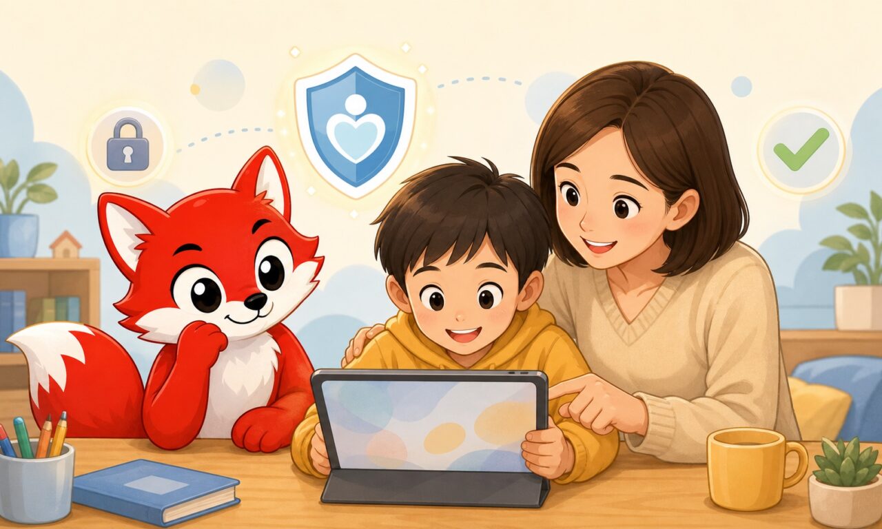 赤い狐のキャラクターと保護者、小学生が安全ルールを確認しながらタブレットを使うイラスト